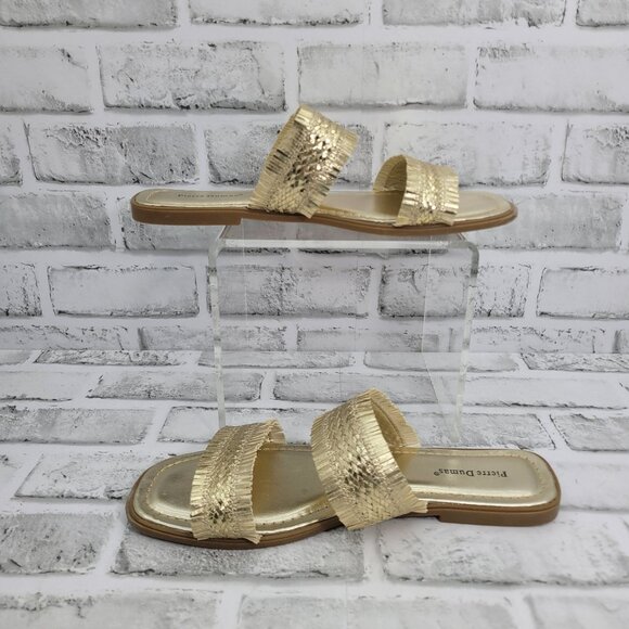 Pierre Dumas Empress Metallic Gold Woven Fringe Two Strap Flat Sandal Size 8.5 - Picture 3 of 4